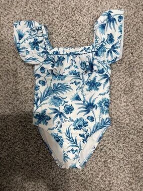 Janie and Jack White and Blue Floral Ruffle One-Piece Swimsuit